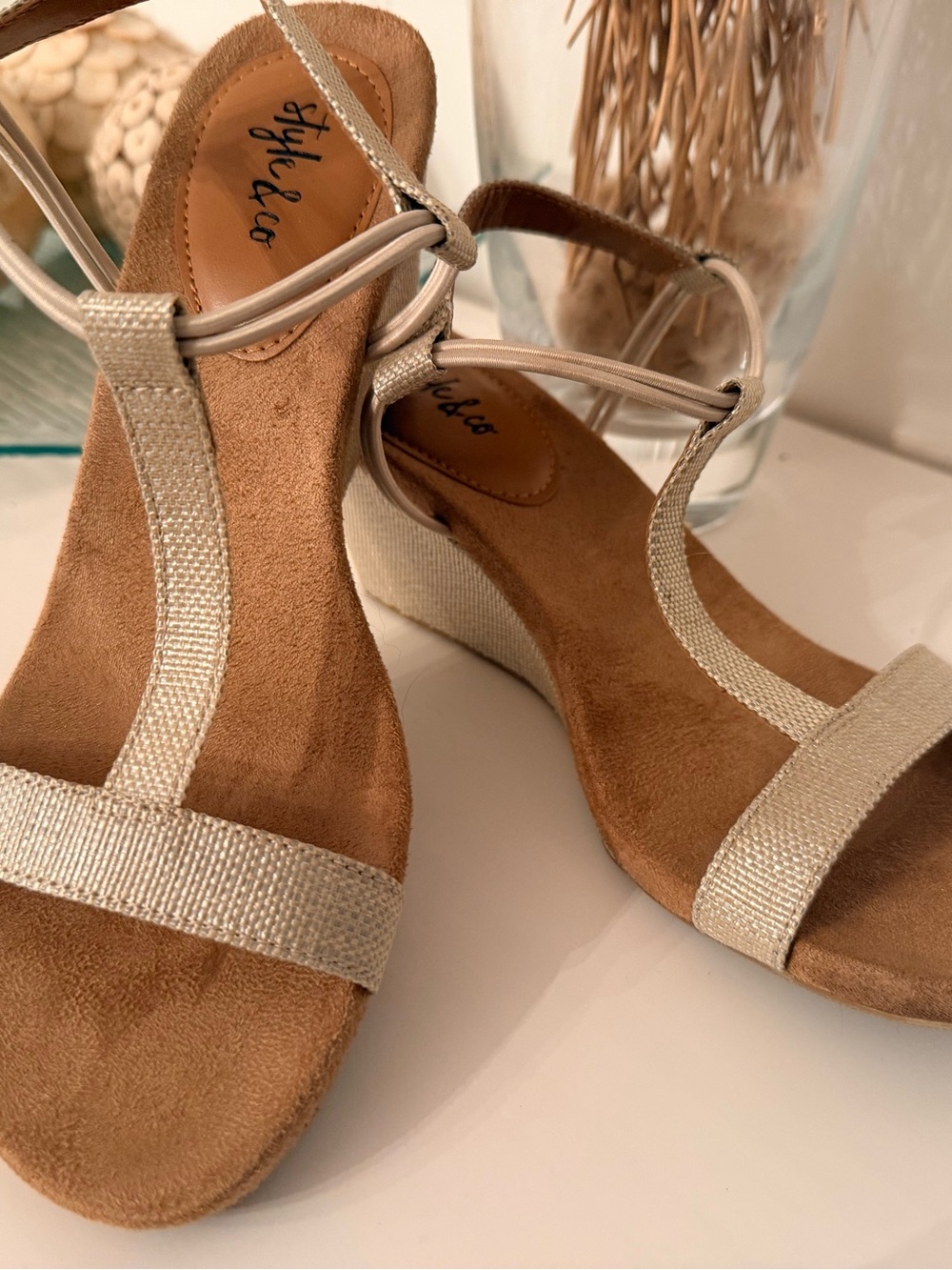 Style & Co. Champagne Metallic T-Strap Wedge Sandals